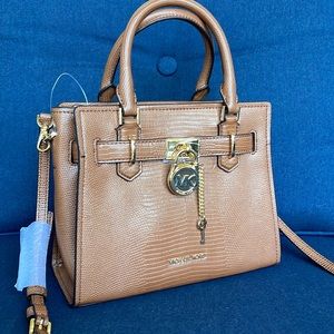 Michael Kors Small Hamilton Pebbled Leather Satchel Crossbody Bag Luggage